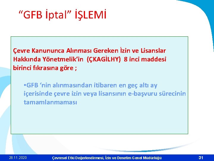 “GFB İptal” İŞLEMİ Çevre Kanununca Alınması Gereken İzin ve Lisanslar Hakkında Yönetmelik’in (ÇKAGİLHY) 8