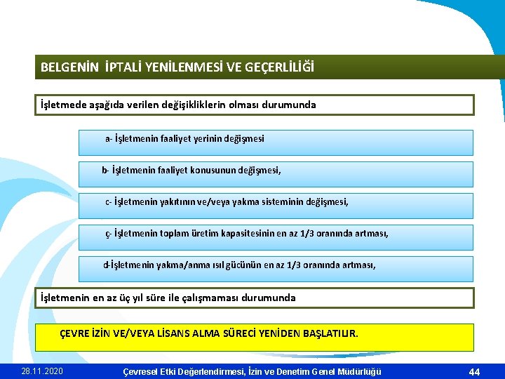 BELGENİN İPTALİ YENİLENMESİ VE GEÇERLİLİĞİ İşletmede aşağıda verilen değişikliklerin olması durumunda a- İşletmenin faaliyet