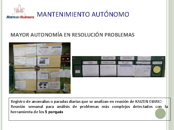 MANTENIMIENTO AUTÓNOMO MAYOR AUTONOMÍA EN RESOLUCIÓN PROBLEMAS Registro de anomalías o paradas diarias que