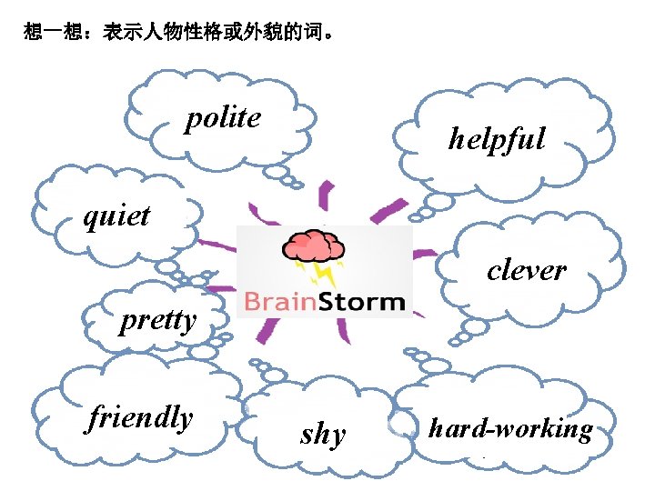 想一想：表示人物性格或外貌的词。 polite helpful quiet clever pretty friendly shy hard-working 