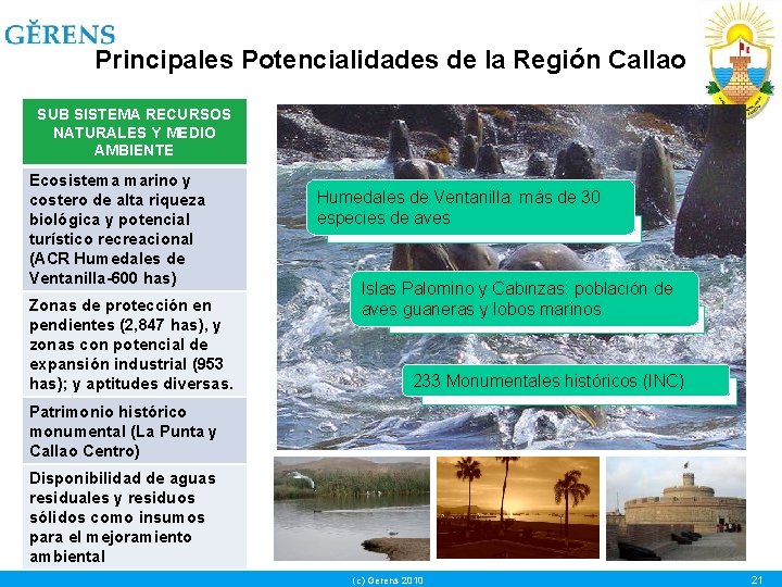 Principales Potencialidades de la Región Callao SUB SISTEMA RECURSOS NATURALES Y MEDIO AMBIENTE Ecosistema