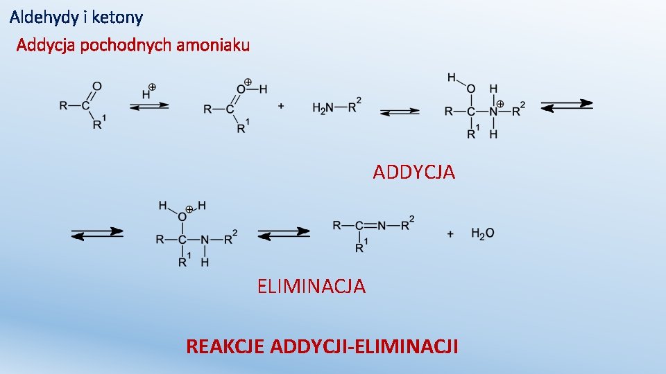 Aldehydy i ketony Addycja pochodnych amoniaku ADDYCJA ELIMINACJA REAKCJE ADDYCJI-ELIMINACJI 