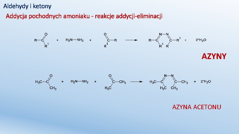 Aldehydy i ketony Addycja pochodnych amoniaku - reakcje addycji-eliminacji AZYNY AZYNA ACETONU 
