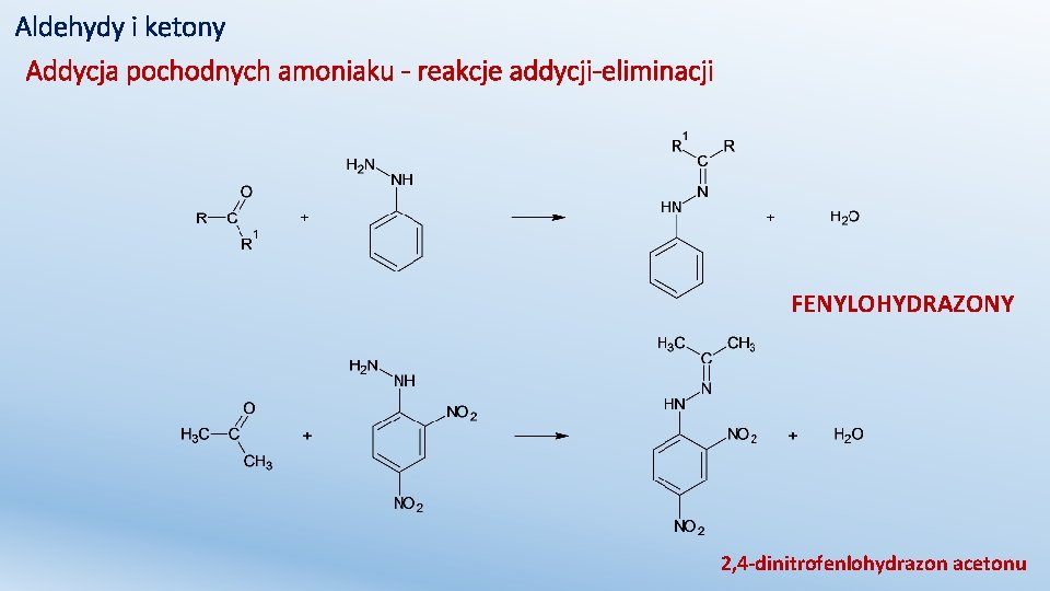 Aldehydy i ketony Addycja pochodnych amoniaku - reakcje addycji-eliminacji FENYLOHYDRAZONY 2, 4 -dinitrofenlohydrazon acetonu