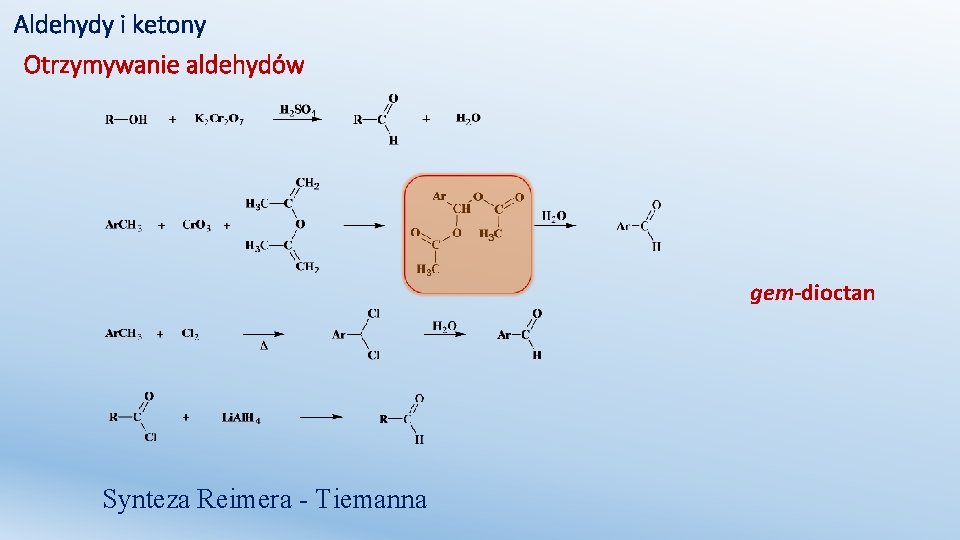 Aldehydy i ketony Otrzymywanie aldehydów gem-dioctan Synteza Reimera - Tiemanna 