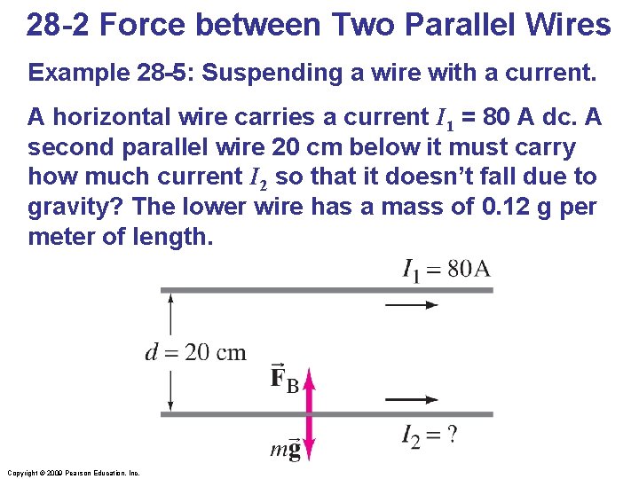 28 -2 Force between Two Parallel Wires Example 28 -5: Suspending a wire with