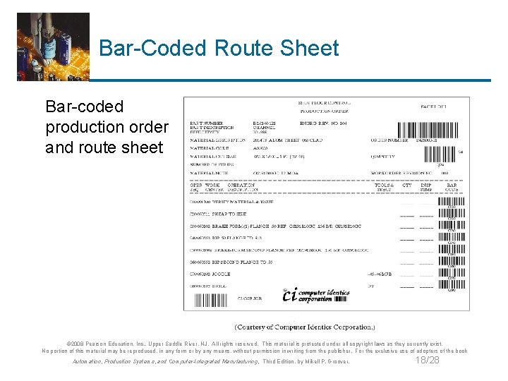 Bar-Coded Route Sheet Bar-coded production order and route sheet © 2008 Pearson Education, Inc.
