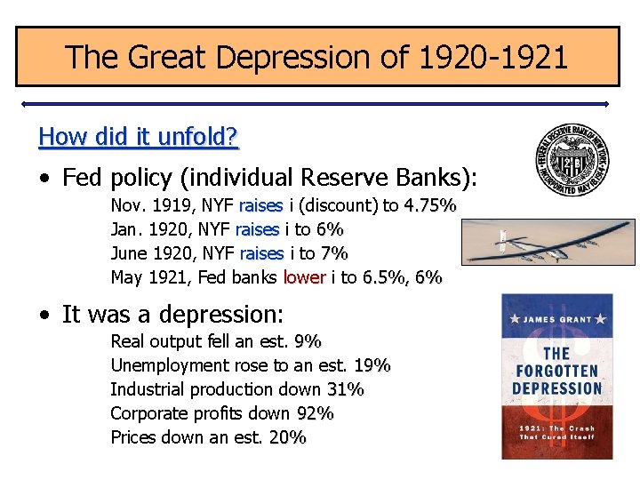 The Great Depression of 1920 -1921 How did it unfold? • Fed policy (individual