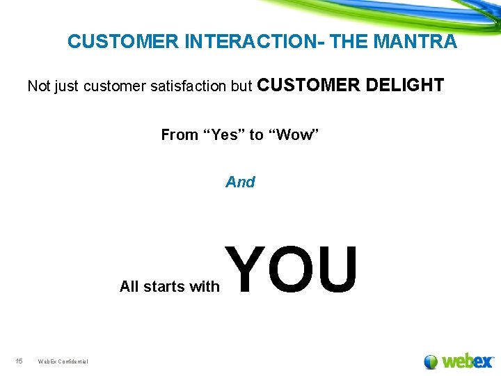 CUSTOMER INTERACTION- THE MANTRA Not just customer satisfaction but CUSTOMER DELIGHT From “Yes” to