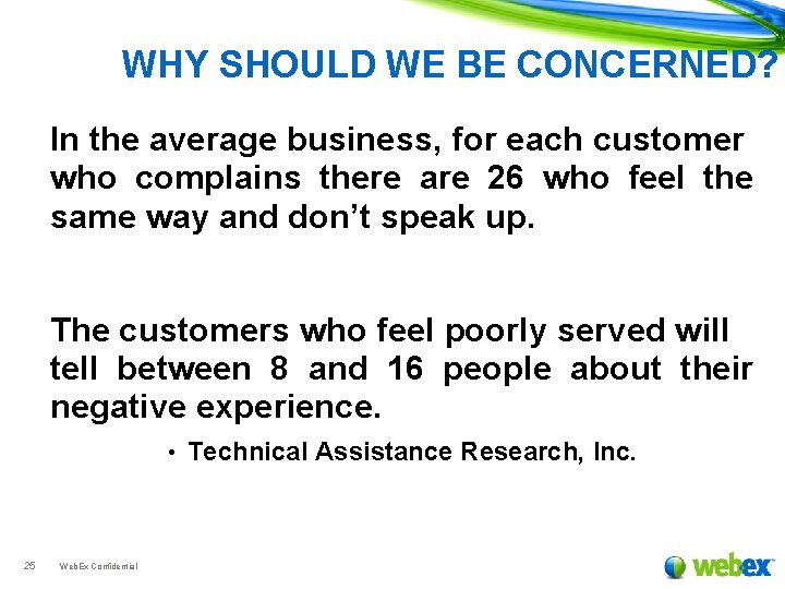 WHY SHOULD WE BE CONCERNED? In the average business, for each customer who complains