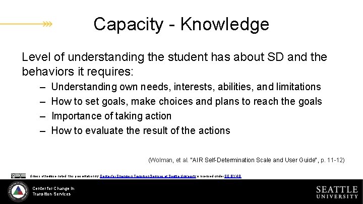 Capacity - Knowledge Level of understanding the student has about SD and the behaviors