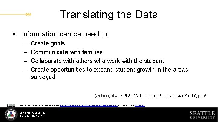 Translating the Data • Information can be used to: – – Create goals Communicate