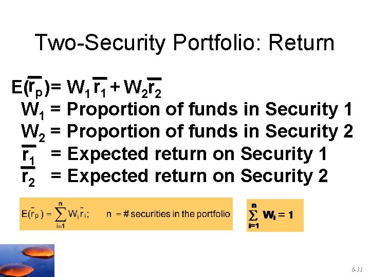 Two-Security Portfolio: Return E(rp )= W 1 r 1 + W 2 r 2