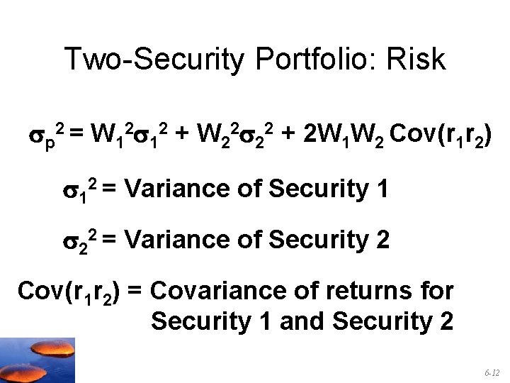 Two-Security Portfolio: Risk p 2 = W 12 12 + W 22 22 +