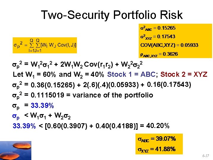 Two-Security Portfolio Risk p 2 = W 12 12 + 2 W 1 W