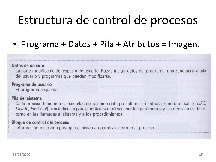 Estructura de control de procesos • Programa + Datos + Pila + Atributos =