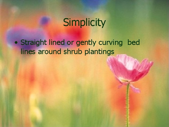 Simplicity • Straight lined or gently curving bed lines around shrub plantings Simplicity • Straight lined or gently curving bed lines around shrub plantings