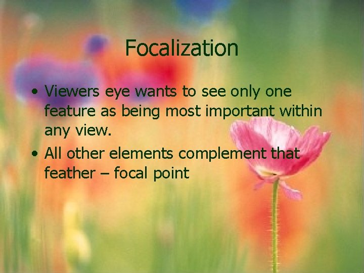 Focalization • Viewers eye wants to see only one feature as being most important Focalization • Viewers eye wants to see only one feature as being most important
