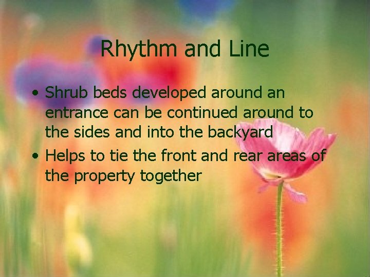 Rhythm and Line • Shrub beds developed around an entrance can be continued around Rhythm and Line • Shrub beds developed around an entrance can be continued around