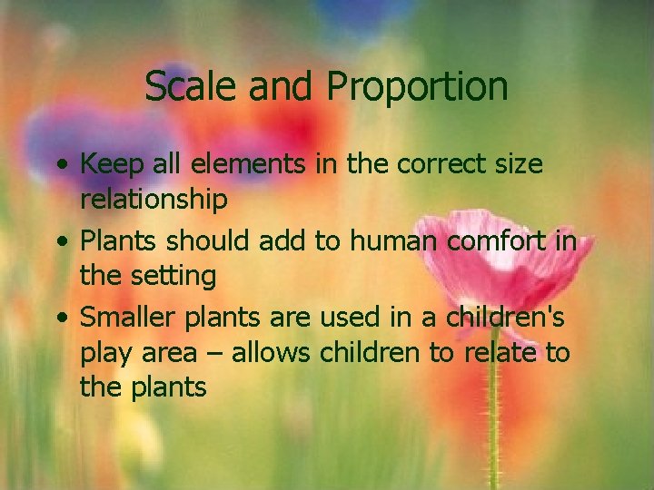 Scale and Proportion • Keep all elements in the correct size relationship • Plants Scale and Proportion • Keep all elements in the correct size relationship • Plants