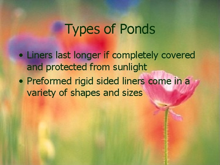 Types of Ponds • Liners last longer if completely covered and protected from sunlight Types of Ponds • Liners last longer if completely covered and protected from sunlight
