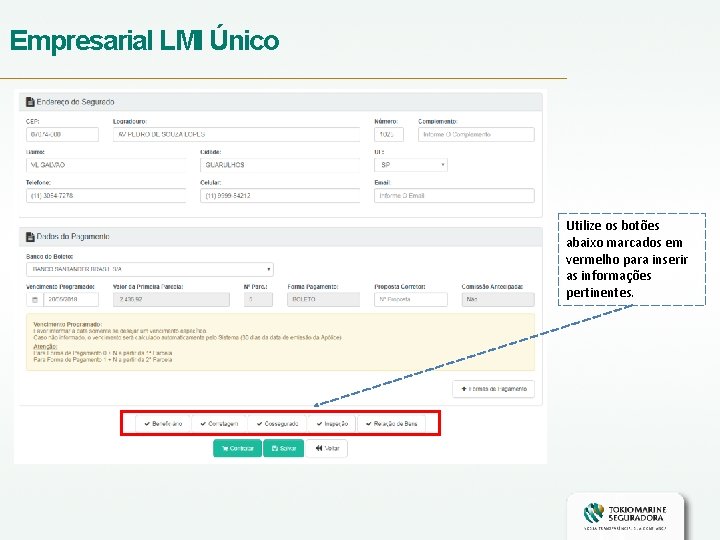 Empresarial LMI Único Utilize os botões abaixo marcados em vermelho para inserir as informações