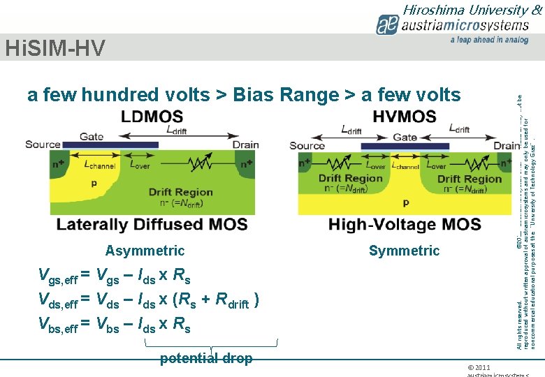 a few hundred volts > Bias Range > a few volts (Asymmetric) potential drop