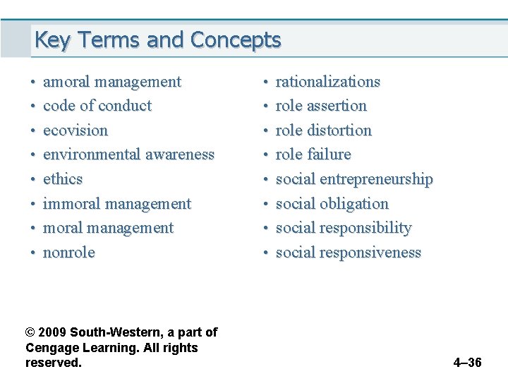 Key Terms and Concepts • amoral management • rationalizations • code of conduct •