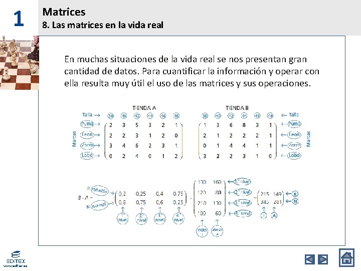 1 Matrices 8. Las matrices en la vida real En muchas situaciones de la