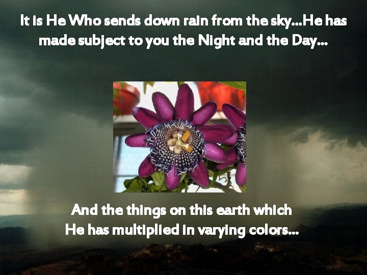 It is He Who sends down rain from the sky…He has made subject to