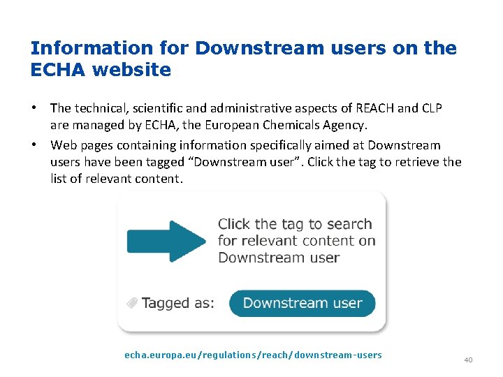 Information for Downstream users on the ECHA website • The technical, scientific and administrative