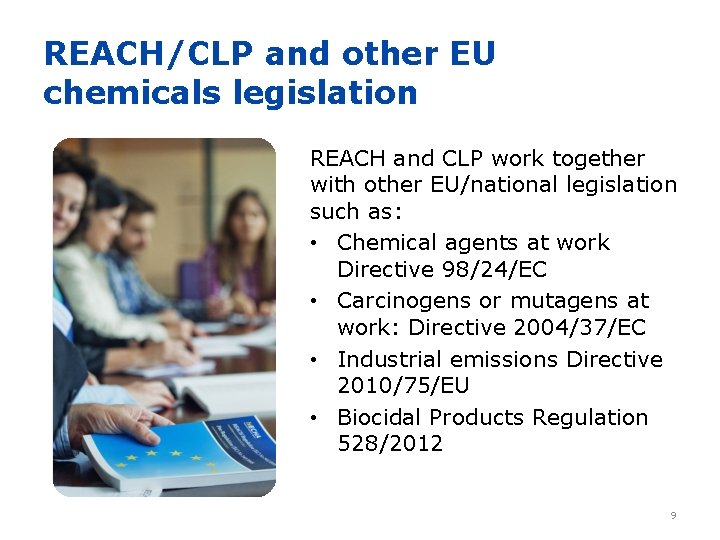 REACH/CLP and other EU chemicals legislation REACH and CLP work together with other EU/national