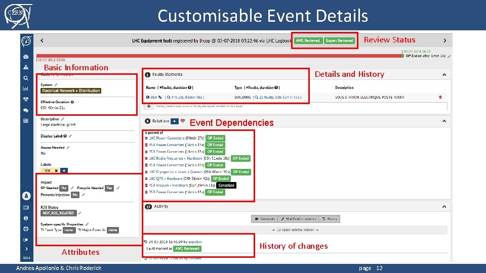 Customisable Event Details CERN Review Status Basic Information Details and History Event Dependencies Attributes