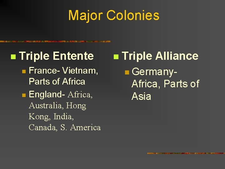 Major Colonies n Triple Entente France- Vietnam, Parts of Africa n England- Africa, Australia,