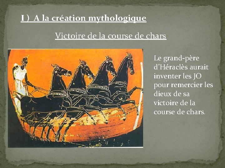 I ) A la création mythologique Victoire de la course de chars Le grand-père