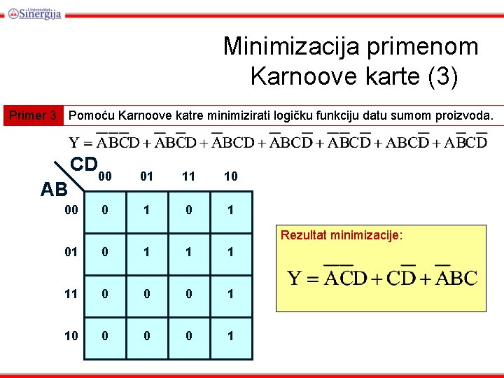 Minimizacija primenom Karnoove karte (3) Primer 3 Pomoću Karnoove katre minimizirati logičku funkciju datu