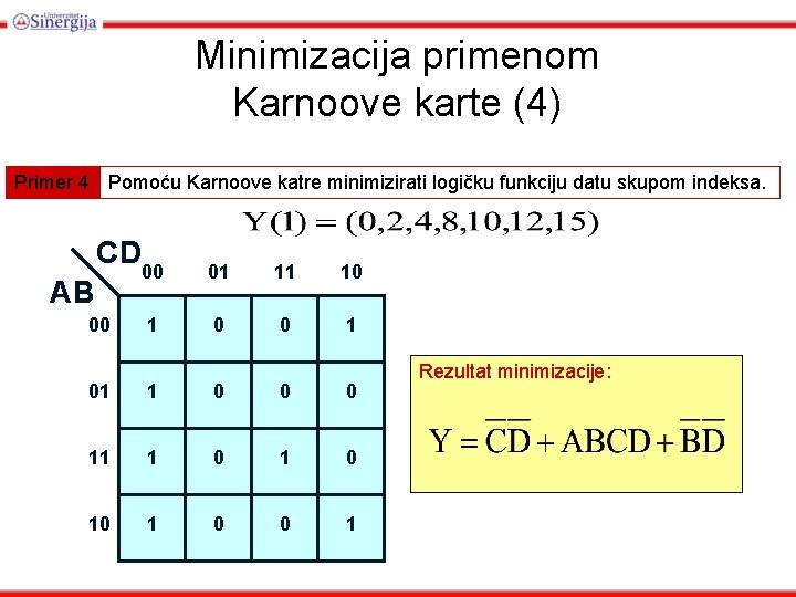 Minimizacija primenom Karnoove karte (4) Primer 4 Pomoću Karnoove katre minimizirati logičku funkciju datu