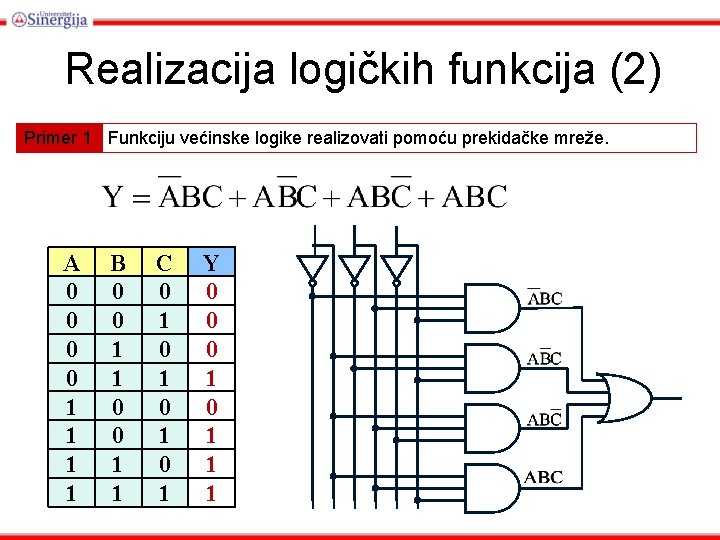 Realizacija logičkih funkcija (2) Primer 1 Funkciju većinske logike realizovati pomoću prekidačke mreže. A