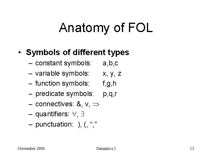 Anatomy of FOL • Symbols of different types – – – – constant symbols: