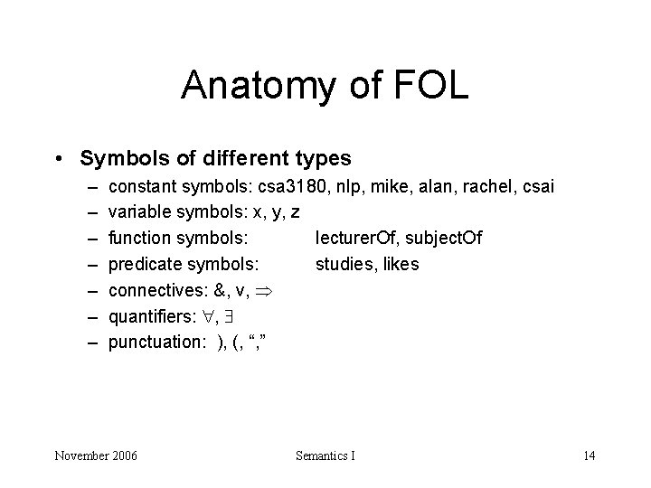 Anatomy of FOL • Symbols of different types – – – – constant symbols: