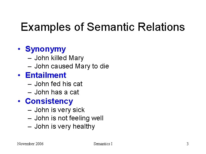 Examples of Semantic Relations • Synonymy – John killed Mary – John caused Mary