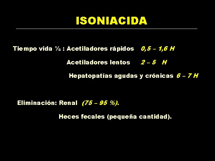 ISONIACIDA Tiempo vida ½ : Acetiladores rápidos Acetiladores lentos 0, 5 – 1, 6