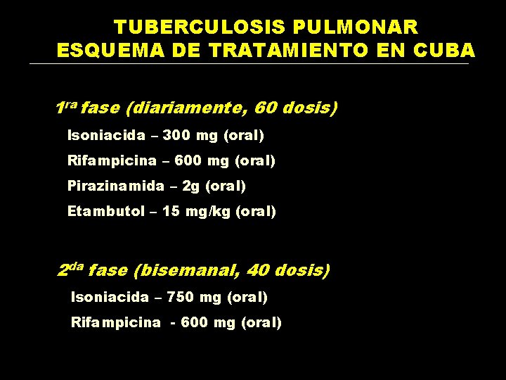 TUBERCULOSIS PULMONAR ESQUEMA DE TRATAMIENTO EN CUBA 1 ra fase (diariamente, 60 dosis) Isoniacida