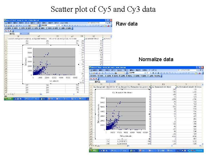 Scatter plot of Cy 5 and Cy 3 data Raw data Normalize data 