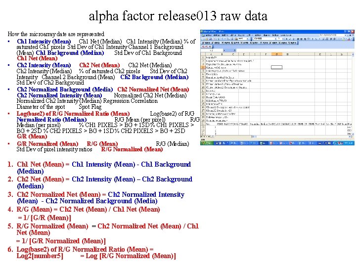 alpha factor release 013 raw data How the microarray date are represented • Ch