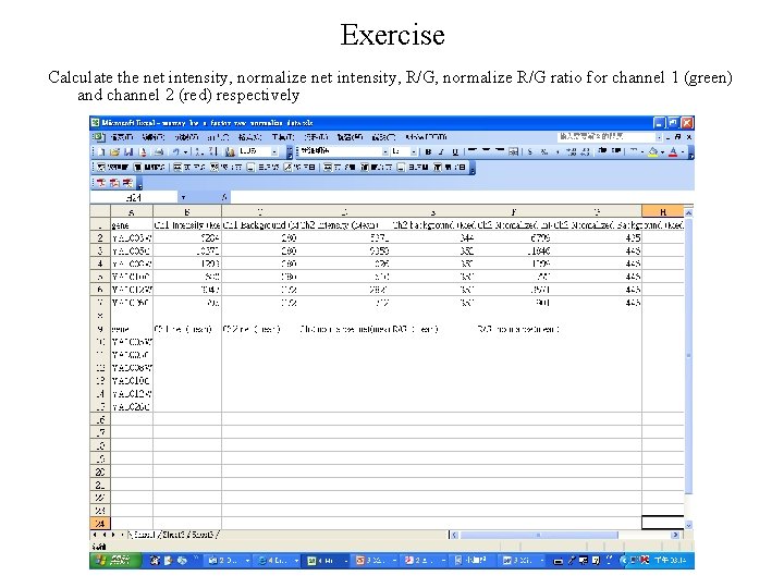 Exercise Calculate the net intensity, normalize net intensity, R/G, normalize R/G ratio for channel