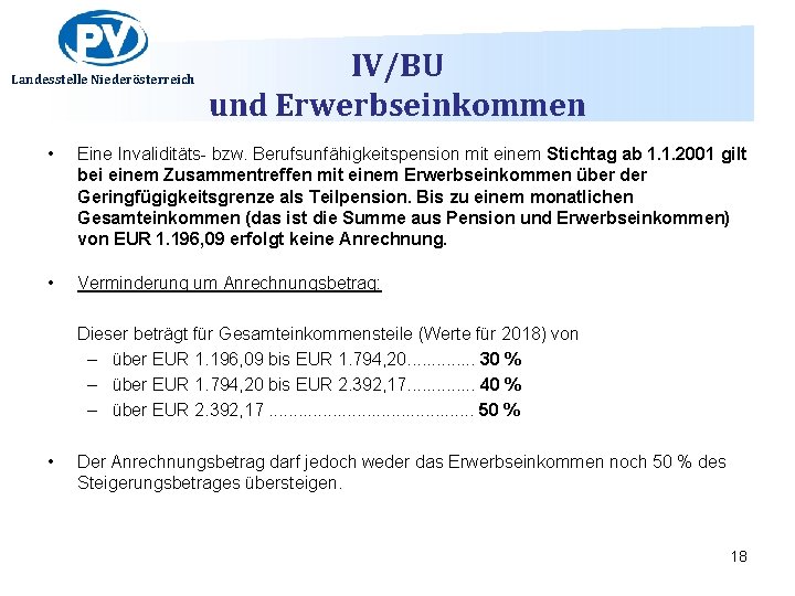 Landesstelle Niederösterreich IV/BU und Erwerbseinkommen • Eine Invaliditäts- bzw. Berufsunfähigkeitspension mit einem Stichtag ab