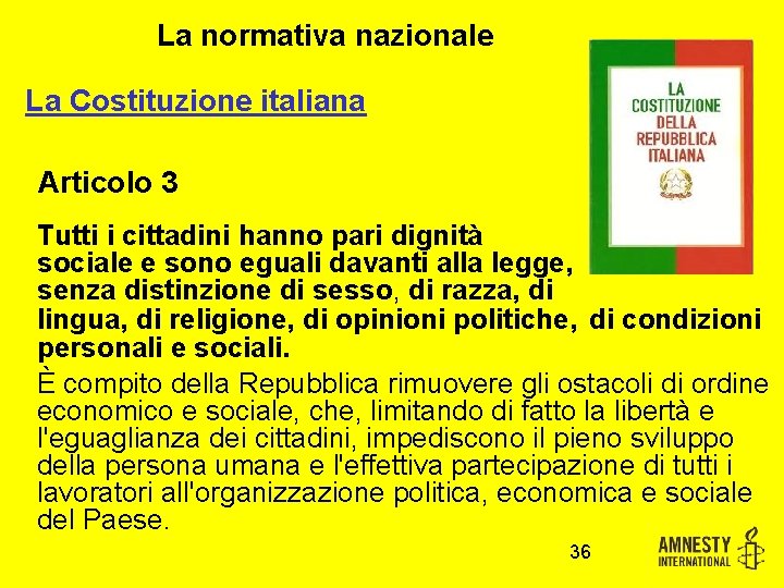 La normativa nazionale La Costituzione italiana Articolo 3 Tutti i cittadini hanno pari dignità