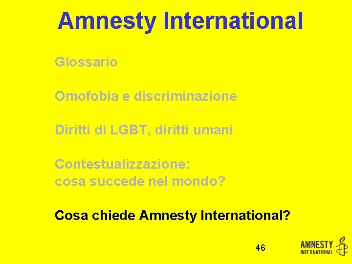 Amnesty International Glossario Omofobia e discriminazione Diritti di LGBT, diritti umani Contestualizzazione: cosa succede