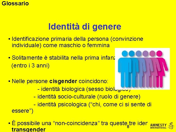 Glossario Identità di genere • Identificazione primaria della persona (convinzione individuale) come maschio o